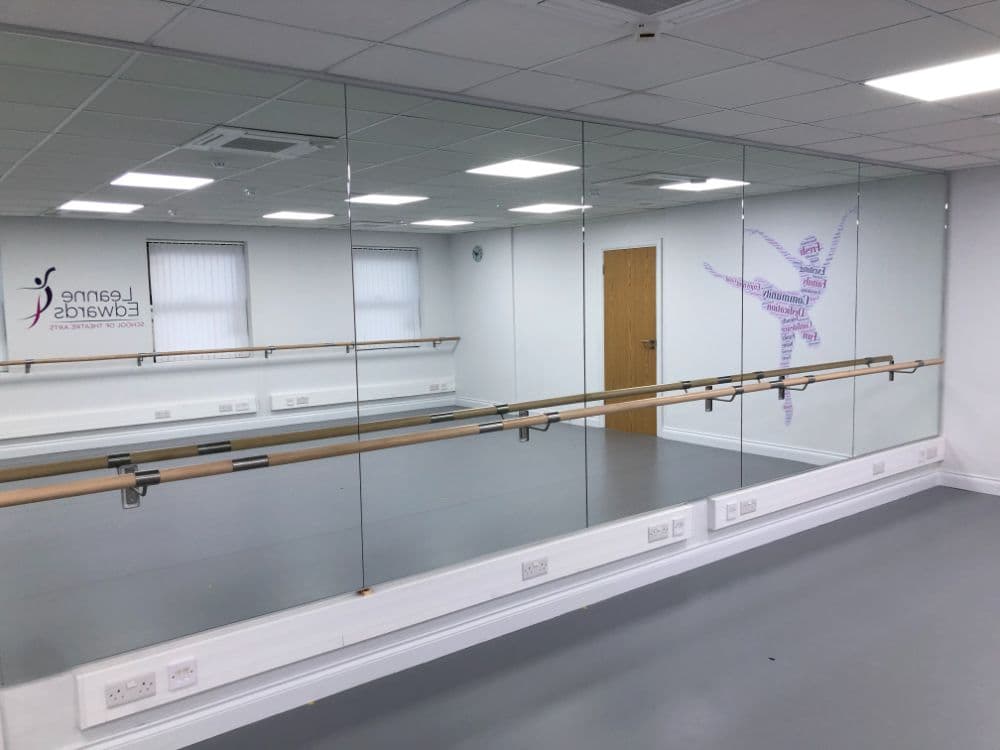 LESTA Studios in Knaphill with barre, mirrors and the school logo